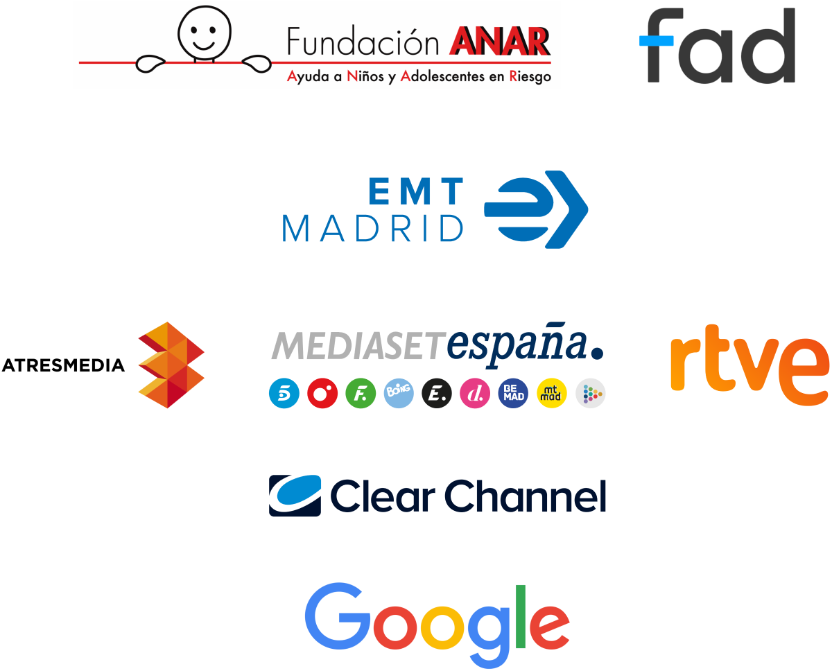 Fundación ANAR, FAD, EMT Madrid, Atresmedia, Mediaset España, RTVE, Clear Chanenel y Googgle