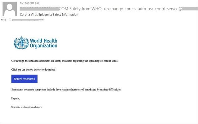 Figure 1. E-mail impersonating the WHO with a malicious link to protection measures.